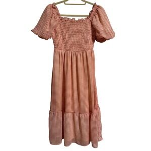 LC Lauren Conrad Orange Gingham Smocked Puff Sleeve Midi Dress XS